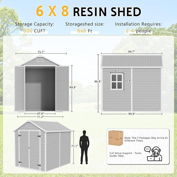 PIPLEO 6x8 FT Resin Outdoor Storage Shed with Floor, Plastic Garden Storage Shed with Lockable Door & Vent, All Weather Versatile Tool Shed for Backyard, Patio, Lawn, Cloud Gray (6x8 FT)