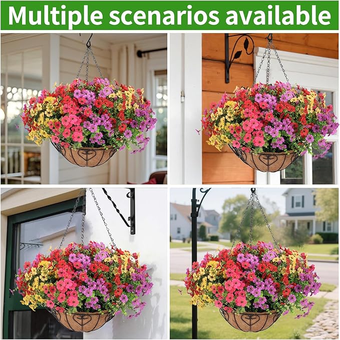 2 Sets Artificial Hanging Flower for Outdoors, Fake Hanging Basket for Outside,2 Hanging Basket with 26 Pcs Faux Silk Flowers for Porch, Balcony and Patio Decor(Mixed)