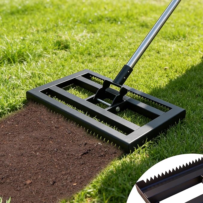 Lawn Leveling Rake 17"x10" for Soil, Gravel Leveling Tool Heavy Duty with Adjustable Long Handle, Garden Level Rake with Tines for Yard, Landscape, Leveling Sand, Grass, Dirt, Ergonomic & Durable