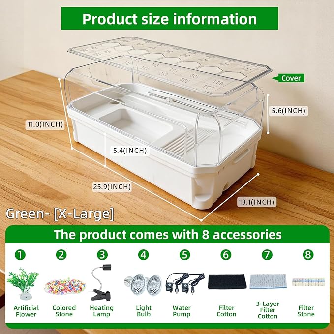 Turtle Tank Kit with 3-Stage Filter, Basking Platform & Heat Lamp - Complete Turtle Aquarium Habitat for Water Turtles, Enclosure or Hermit Crab Tank, Easy Drain Starter Kit White, 25.9 Inch