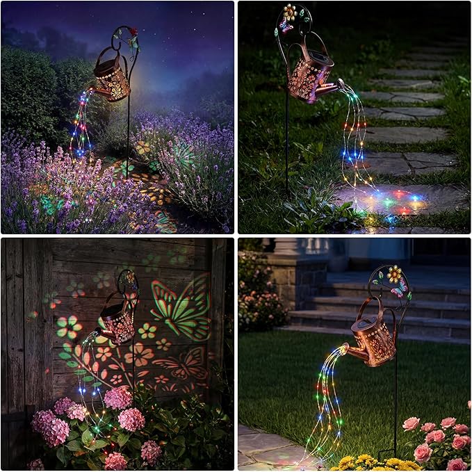 MEBRUDY Solar Garden Decor Lights, IP44 Waterproof Metal Butterfly Solar Watering_Can Lights Outdoor Decor for Yard Pathway Patio Lawn, Gifts for Women Mom Grandma Birthday