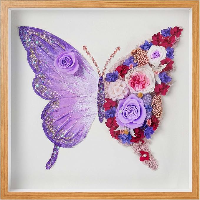 ADDWel Preserved Real Rose Butterfly Shadow Box - 12x12 3D Handmade Eternal Flower Wall Art, Unique Birthday Anniversary Purple Gifts for Women, Mom, Wife, Grandma