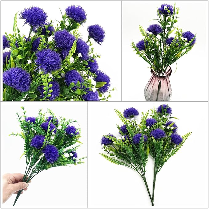 PASYOU Simulation Dandelions, 12 Inch Artificial Dandelions Fake Dandelion Flowers, Gerbera Flower Ball Faux Plants Bouquet for Table Arrangement Wedding Party Decorations Garden Balcony Purple 4 Pack