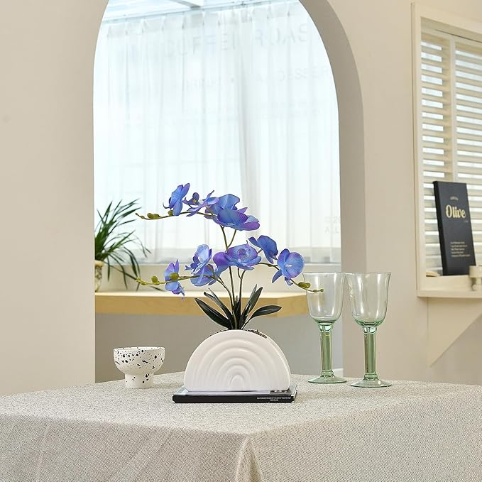 Fake Orchid Plant in White Rainbow Pot, Artificial Silk Phalaenopsis Orchid Flowers for Home Décor, Table Centerpiece, Office Desk (Blue Purple)
