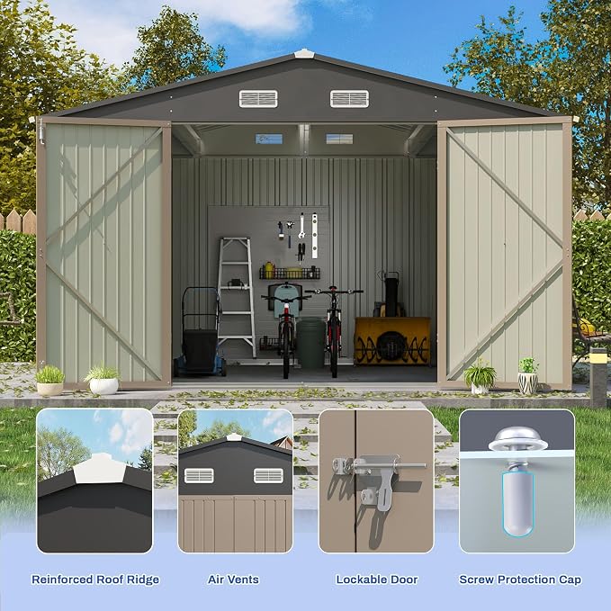 Patiowell 10x8 FT Outdoor Storage Shed, Large Metal Tool Garden Sheds with Lockable Door and Sloping Roof, Waterproof Outside Storage Shed for Backyard Patio Lawn, Brown