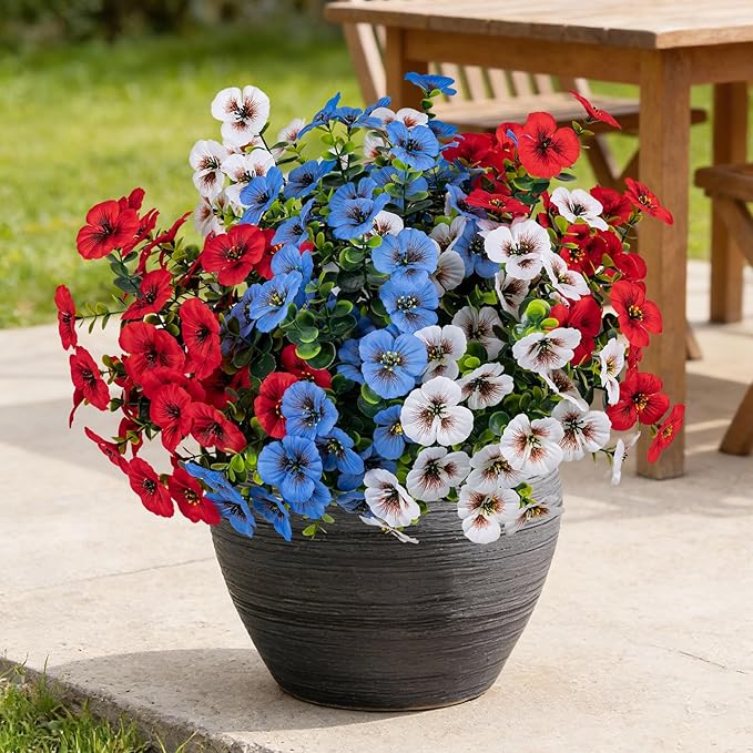 17 Inch Artificial Faux Pansy Flowers for Outdoor,Fake Pansies Flowers with Eucalyptus Leaves Fake Plants Greenery Boxwood Porch Patio Decor 6 Bundles(Red,Blue,White)