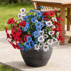 17 Inch Artificial Faux Pansy Flowers for Outdoor,Fake Pansies Flowers with Eucalyptus Leaves Fake Plants Greenery Boxwood Porch Patio Decor 6 Bundles(Red,Blue,White)