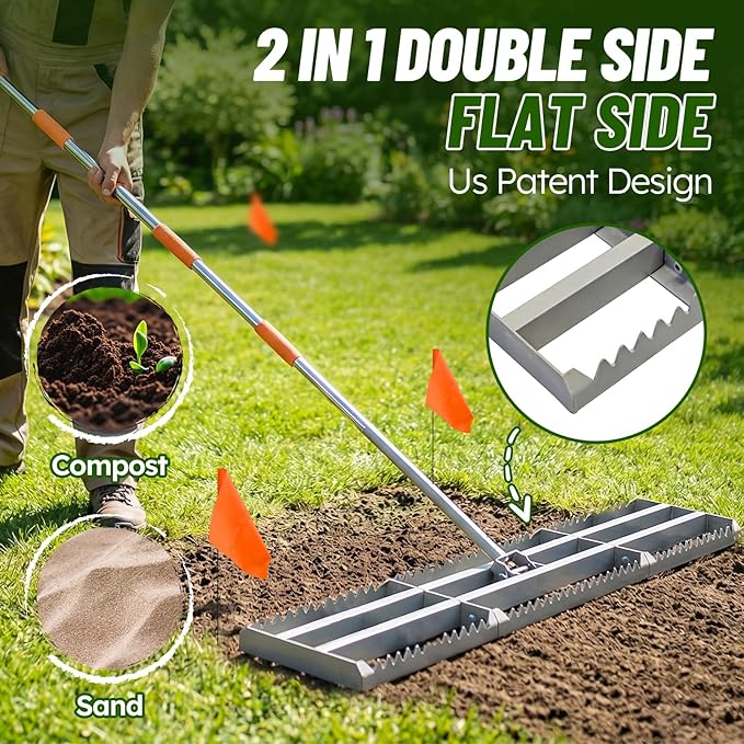Lawn Leveling Rake 2.0, 2-in-1 Double-Sided Landscape Leveler with 20 Marking Flags for Low Spot, Heavy Duty Stainless Steel Flat & Serrated Side for Soil Sand Gravel, Yard Garden Golf Course 48"×10”