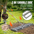 Lawn Leveling Rake 2.0, 2-in-1 Double-Sided Landscape Leveler with 20 Marking Flags for Low Spot, Heavy Duty Stainless Steel Flat & Serrated Side for Soil Sand Gravel, Yard Garden Golf Course 48"×10”