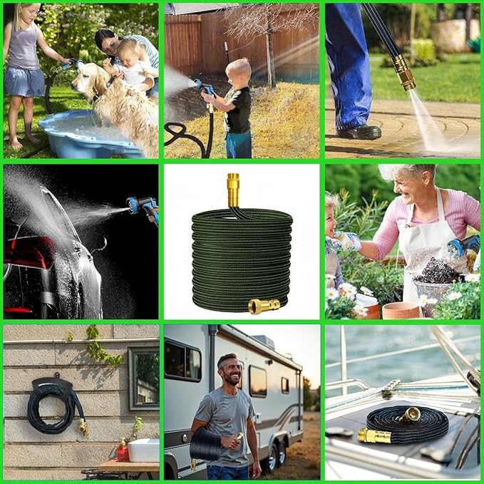 10FT Lightweight Garden Hose,Flexible Water Hose with Solid Brass Head,Kink-Free,Collapsible Hose,High Pressure Flat Water Hose for RV,Boat,Car Wash,Garden,Yard,Camper,Outdoor (Green-Black, 10 Feet)