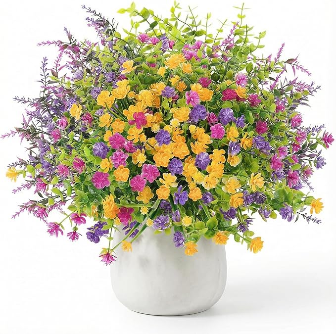 ATTGREAT Artificial Spring Flowers Outdoors UV Resistant Fake Greenery Plants Realistic Plastic Flowers Outside Faux Silk Wildflowers for Home Planter Porch Garden Decor, 6 Bundles (Multicolor)