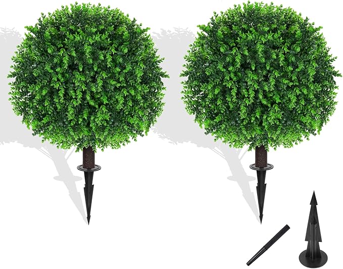 Yangrass Artificial Eucalyptus Topiary Ball Trees with Ground Spike, Set of 2 UV Resistant Artificial Shrubs, Fake Evergreen Artificial Plant Bushes for Indoor Outdoor Front Porch Garden