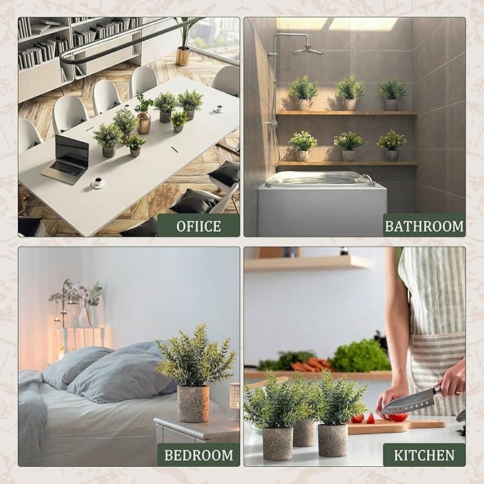 Chunful 6 Pcs Small Fake Plants Potted Faux Mini Artificial Plants Rosemary Babys Breath Artificial Flowers Farmhouse Table Centerpiece Decoration for Living Room Desk Shelves Bathroom Bedroom Office