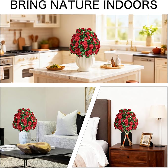 Artificial Flowers for Outdoors, Faux Outdoor Plants Fake Plants Topiary Balls Artificial Outdoor Set of 2 with Ground Spike for Home Front Porch Patio Garden Decor (Red)