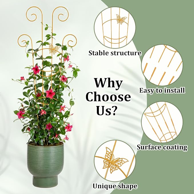 2 Pcs 30'' Monstera Plant Trellis for Pots, Metal Garden Trellis for Outdoor Plant Climbers, Expandable Houseplant Support with Butterfly Design for Monstera Ivy Hoya Vine, Gold