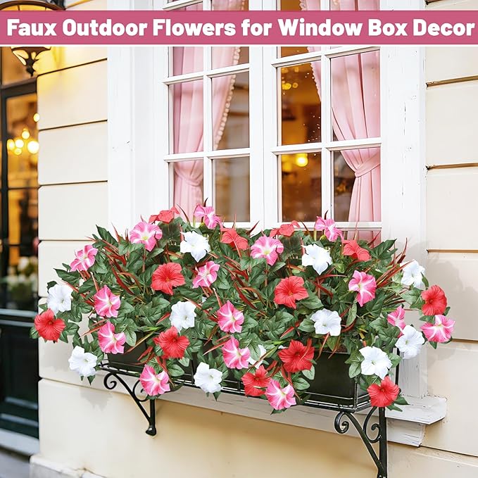 Artificial Flowers Plants for Outdoors, 6PCS UV Resistant Faux FlowersOutdoor Plants, Fake Petunias Silk Flowers for Garden Balcony Yard Porch Decor (White Red Pink)