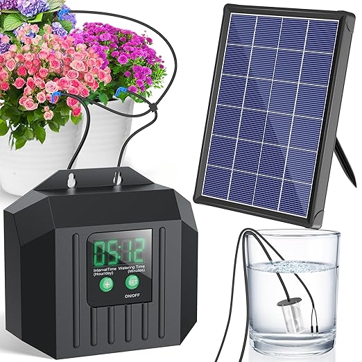 NFESOLAR 4W Solar Drip Irrigation Kit for Outdoor Indoor Plants, Customizable Watering Duration 1–30min & Interval 3h–7d, Solar Irrigation System for Garden Patio Balcony Vacation