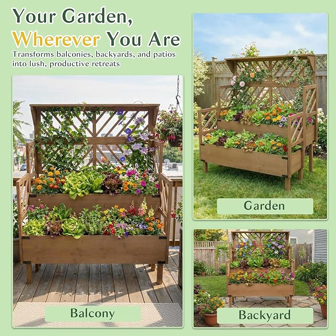 Raised Garden Bed Outdoor with Lattice Trellis, 47.2''H Wood Outdoor Flower Plant Stand with Two Planting Areas, Metal Reinforced, Liner, Elevated Garden Beds for Climbing Plants, Herb, Brown