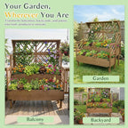 Raised Garden Bed Outdoor with Lattice Trellis, 47.2''H Wood Outdoor Flower Plant Stand with Two Planting Areas, Metal Reinforced, Liner, Elevated Garden Beds for Climbing Plants, Herb, Brown