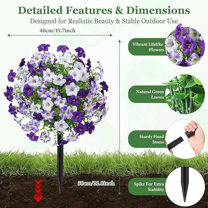 23" Artificial Boxwood Topiary Ball Trees with Petunias Flowers, Set of 2 Faux Outdoor Plants with Ground Spike for Outdoors, UV Resistant Fake Flowers for Outdoor Garden Yard Front Porch Patio Decor