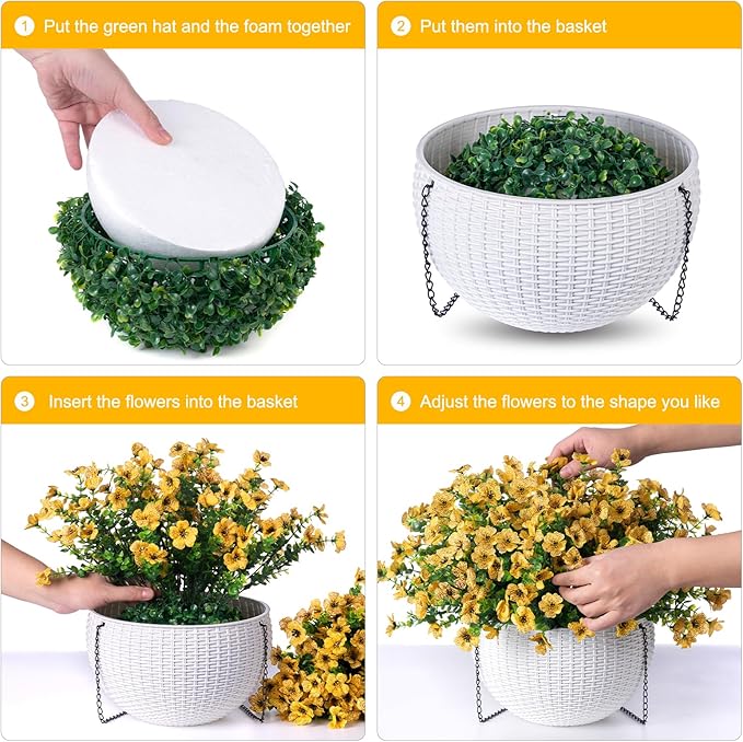 HyeFlora Artificial Faux Fall Hanging Mums Plants Flowers Basket for Outdoor Outside, Autumn Fake Silk Yellow Daisy UV Resistant Realistic for Porch Patio Balcony Home Yard Decoration