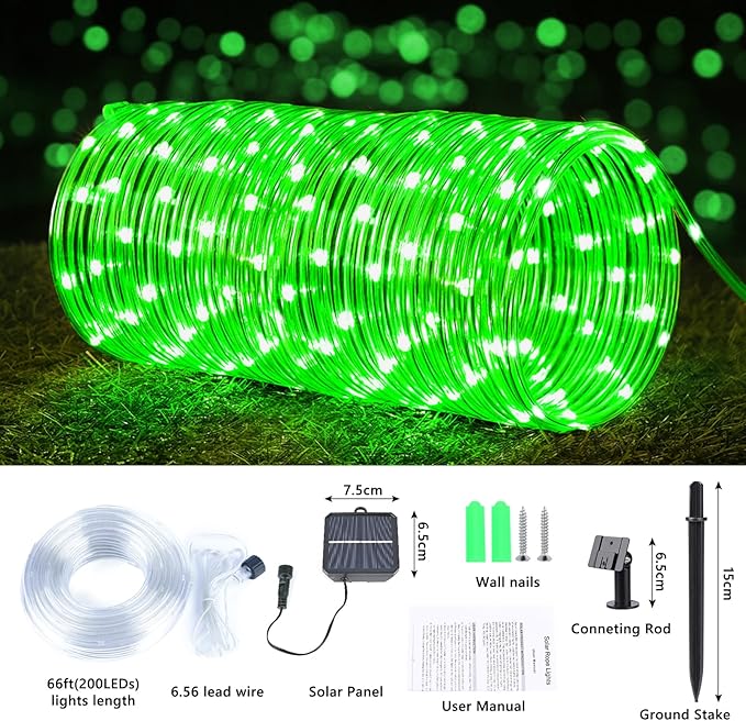 Solar Rope Lights, 66ft 200LED Solar String Lights, 8 Modes Waterproof Solar Powered Outdoor Light, Flexible Clear Tube Light for Garden Backyard Patio Deck Porch Pool Tree Christmas Decoration -Green