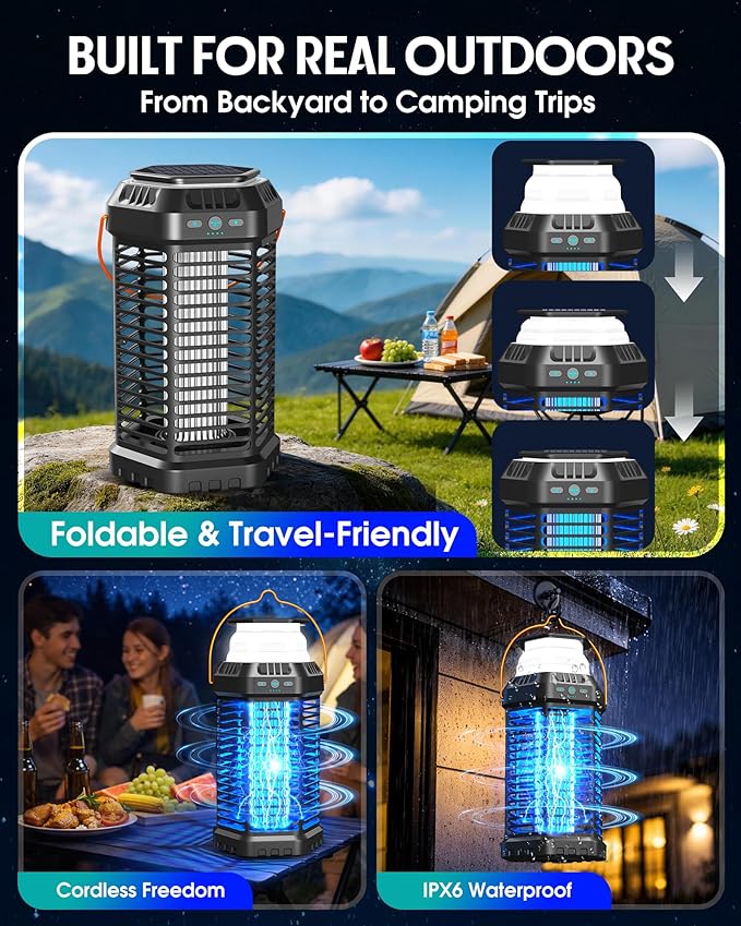 Solar Bug Zapper Outdoor & Indoor, 4500V Ultra-Effective Mosquito Zapper, 6000mAh Rechargeable Insect Zapper, Foldable 2-in-1 Light, IP66 Waterproof for Patio, Camping, Bedroom, Kitchen