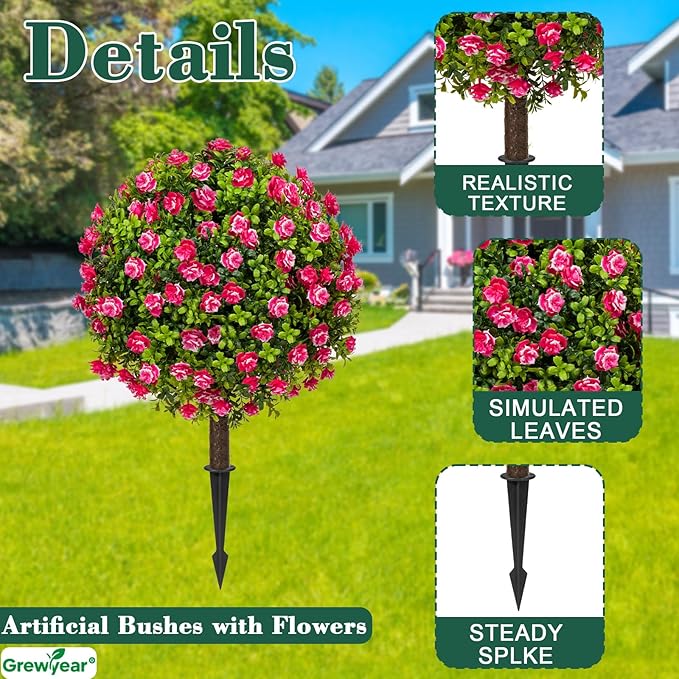 Artificial Plants Outdoor - 18" Wide Set of 2 Faux Boxwood Plants for Outdoor Planters, UV Resistant Artificial Topairy Ball Trees with Spike for Front Porch Decor
