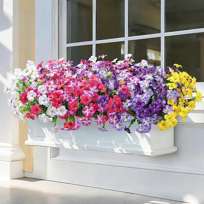 Artificial Flowers for Outdoors Decoration, 20 Bundles White Faux Morning Glory with Eucalyptus Look Real UV Resistant Fake Plants Silk Flowers for Outside Yard Gardens Porch Patio Planter Home Urn