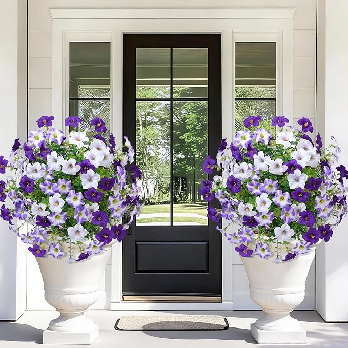 23" Artificial Boxwood Topiary Ball Trees with Petunias Flowers, Set of 2 Faux Outdoor Plants with Ground Spike for Outdoors, UV Resistant Fake Flowers for Outdoor Garden Yard Front Porch Patio Decor