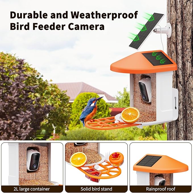 HARYMOR Bird Feeder with Camera with AI Identify Birds Species Solar Powered, Smart Bird House with Cam, 2K HD Video Live Stream, Instant Arrival Alerts - Orange