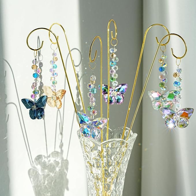 H&D HYALINE & DORA 6 Pack Colorful Butterfly Crystal Suncatcher Plant Stake Plant Stake with Golden Small Trellis Indoor Outdoor Garden Sun Catchers Decor