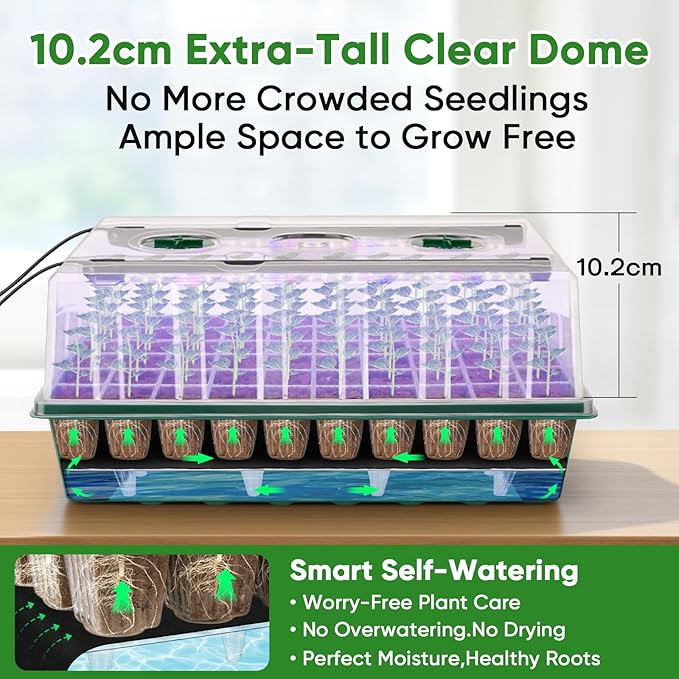 BlumWay 120-Cell Self-Watering Seed Starter Tray with Grow Light, 1-24H Timer, Seed Starter Kit with 4.02" Humidity Dome, Seedling Tray for Indoor Plant Starter, Plant Germination Trays-Green