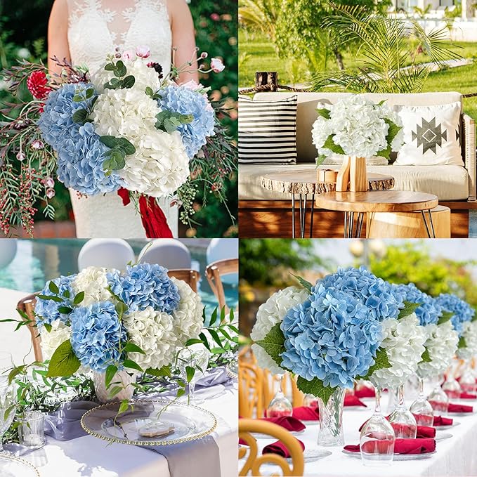 ZYTUYO 4 Pcs Real Touch White Light Blue Hydrangeas Artificial Flower 21'' Realistic Faux Latex Hydrangeas Flower for Home Decor Kitchen Living Room Spring Table Wedding Xmas Arrangement