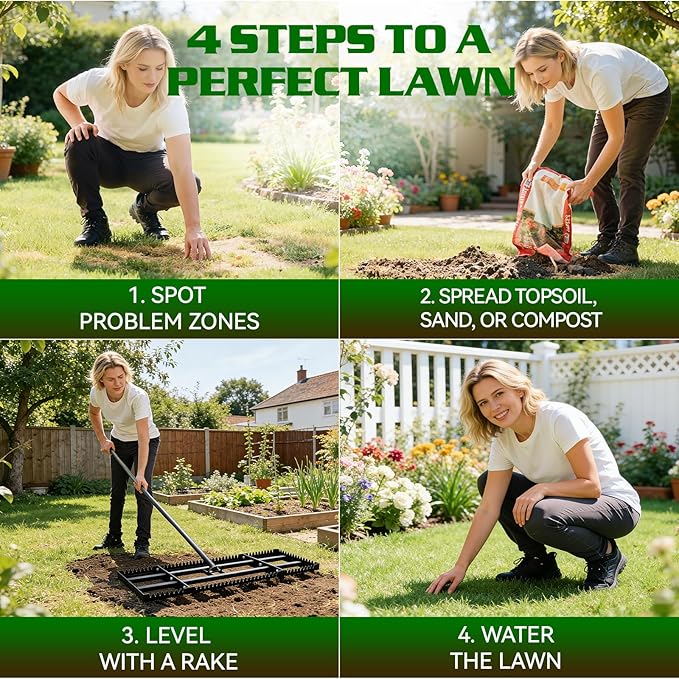 Housolution 32"x10" Lawn Leveling Rake with Serrated Edge & Smooth Plate, Heavy-Duty Stainless Leveling Rake with 72" Adjustable Handle, Serrated Rake for Soil/Dirt/Compost/Dead Grass/Gravel