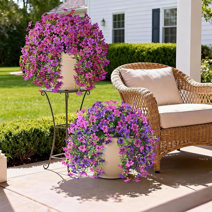 Artificial Hanging Baskets Outdoor, 4 Bundles Artificial Hanging Flowers Outdoors Spring Summer Decoration, No Fade Realistic Fake Hanging Baskets for Porch Patio Balcony Home Yard Decor