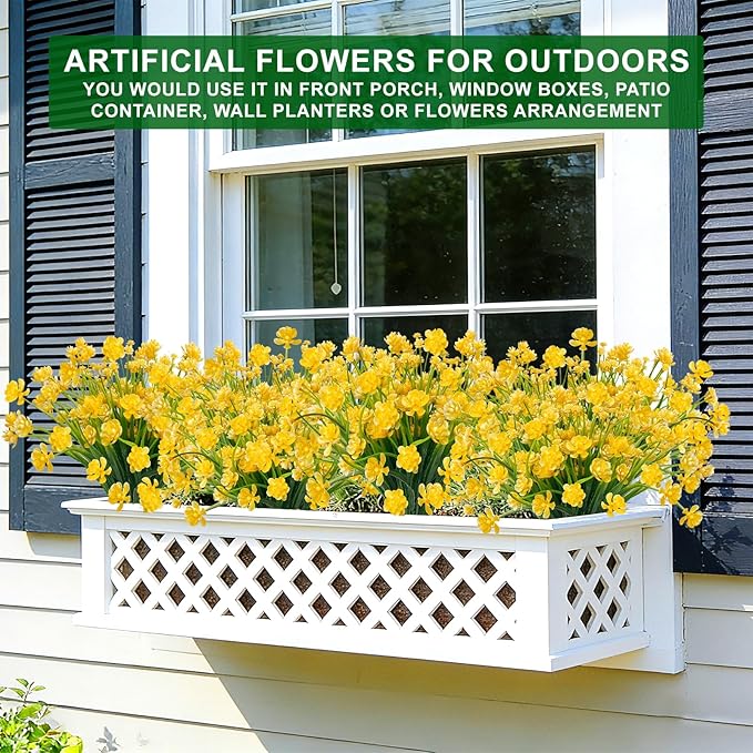 TURNMEON 12 Bundles Artificial Flowers for Outdoors Summer Decor, Realistic UV Resistant Fake Plants Faux Plastic Flowers for Outside Planter Home Gardens Porch Yards Spring Cemetery Decor(Yellow)