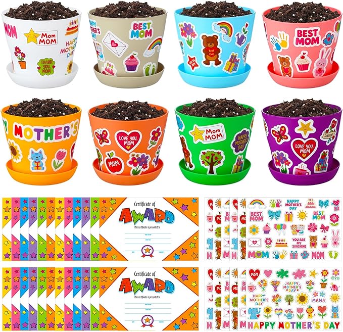 Domensi 30 Pack Garden Pot Craft Kit 4 Inch DIY Happy Mother's Day Crafts for Kids Bulk Small Plastic Flower Plant Pot Plastic Planter with Tray Drainage Holes with Tag, Certificate of Award, Sticker