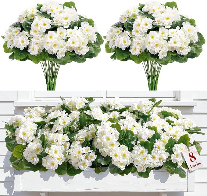 Alupssuc 8Pcs Artificial Geranium Flowers for Outdoors Decoration Silk Floral, UV Resistant Fake Plants, Faux Flower for Porch Garden Table Centerpieces Home Indoor Outside Spring Decor(8, White)