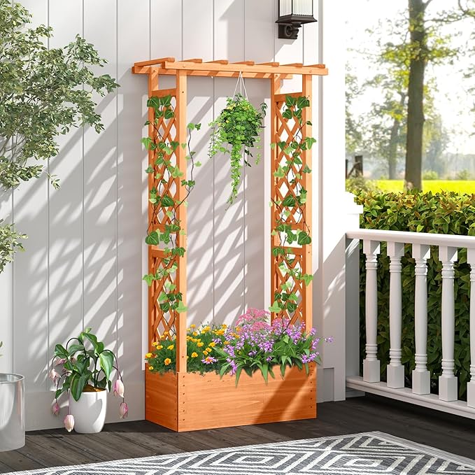HAPPYGRILL Raised Garden Bed with Trellis, Wood Elevated Garden Bed with Hanging Roof, Planter Box, Drainage Holes for Climbing Plants, Flowers, Vegetables, 31" L x 14" W x 60" H