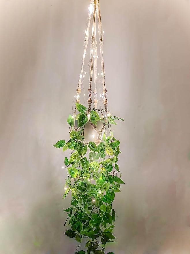 Comtelek 2 Pack Hanging Planter with Lights Indoor Macrame Plant Hanger Basket with Wood Beads Flower Pot Holder No Tassels for Boho Home Window Decor 35 Inch, Ivory (POTS NOT Included)