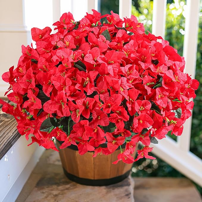 Bougainvillea Artificial Flowers for Outdoors Faux Plants Spring Summer Decor, 4 Bundles Red UV Resistant Fake Outdoor Flowers Silk Flowers for Outside Realistic for Planters Patio Porch Garden Home