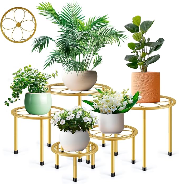 Amaoot 5 Pack Metal Plant Stand, Anti-Rust Iron Plant Stands for Indoor and Outdoor, Heavy Duty Flower Pot Stands for Multiple Plant, Black Potted Plant Holder for Garden Home (5 Pack Gold)
