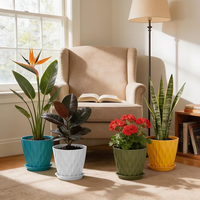 UOUZ 8 Inch Plant Pots, 4 Pack Plastic Planters for Indoor Outdoor with Drainage Holes & Saucers, Waffle Texture Flower Pots for Indoor Plants, Indoor Plant Pots for Monstera, Fiddle Leaf Fig Colorful