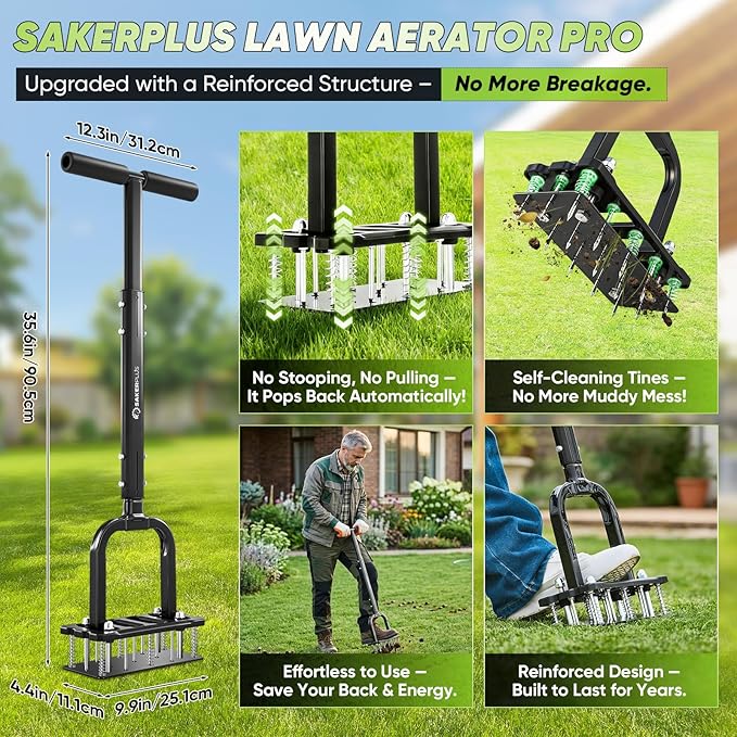 Sakerplus Aerator Lawn Tool, Spike Lawn Aerator with Auto-Return Self-Cleaning Tines, Anti-Fatigue Comfort Pad, Reinforced Anti-Breakage Joints, 15 Steel Tines for Garden Healthy Grass Aeration -Black