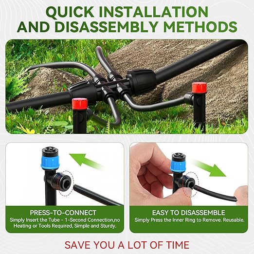 Drip Irrigation System,106FT Automatic Garden Watering System with 1/2" & 1/4" Fast-Lock Tubing Adjustable Nozzles & Sprinklers,Quick-Connect Drip Irrigation System Kit for Garden,Lawn,Potted Plants