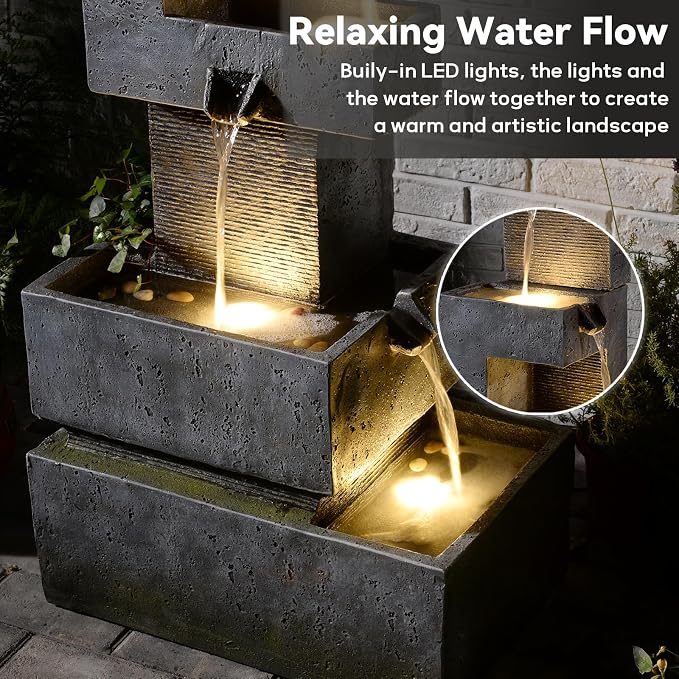 48" Tall Modern 4-Tier Outdoor Water Fountain with LED Lights, Freestanding Cascading Waterfall for Garden, Patio, Porch & Yard Décor Outdoor Clearance