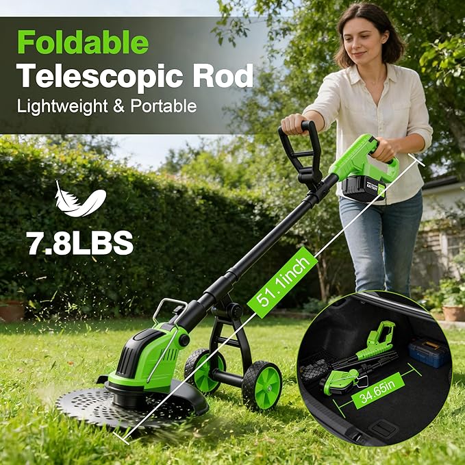 12" Stringless Weed Wacker Cordless Eater, 20000 RPM Powerful Battery Powered Trimmer Edger Lawn Tool, 21V 6000mAh Electric Wheeled Lawn Edger with Blades, Foldable& Lightweight Design Brush Cutter