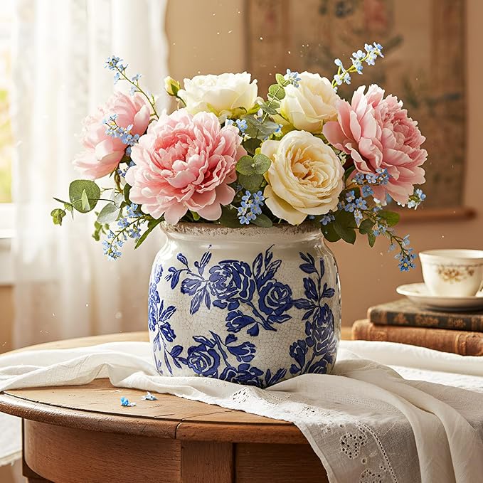 Vintage Chinoiserie Planter Large Ceramic Plant Pot with Drainage Blue Beige Rose Crack Cottage Scroll Vase Flower Vase for Pot Indoor Live Plants Home Farmhouse Antique Decorative Gifts