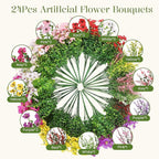 SHareconn 24 Bundles Artificial Flowers for Outdoors, Faux Plants Fake Silk Colorful Daisy Eucalyptus Lavender, UV Resistant for Outside Home Porch Patio Spring Decor, RedRosyPurpleYellowPinkWhite